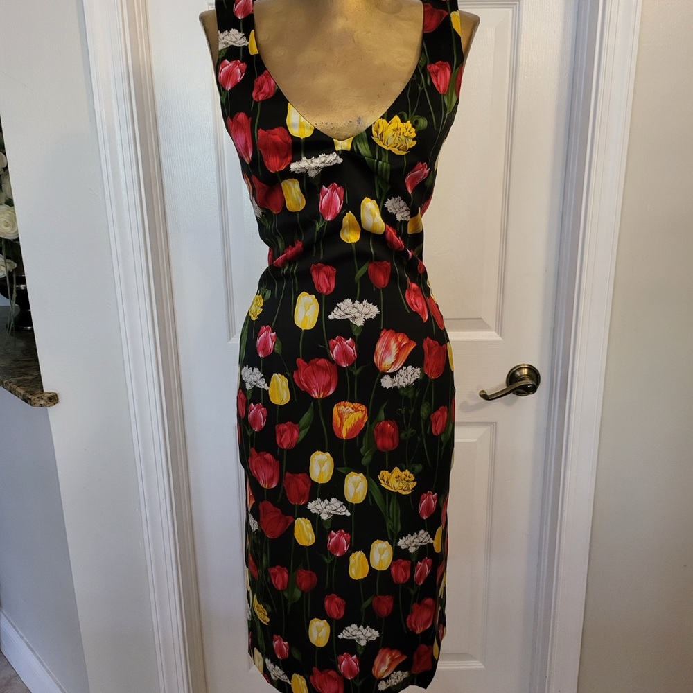 Dolce & Gabbana 2 Pc Black Pink Tulip Floral Tweed Jacket Dress 40
